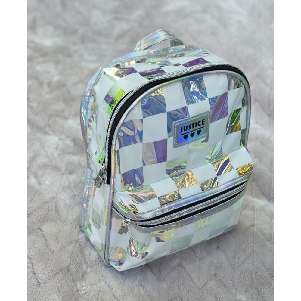 Justice Mini Holographic Checkered Backpack Silver/White PVC Zip, Adjustable